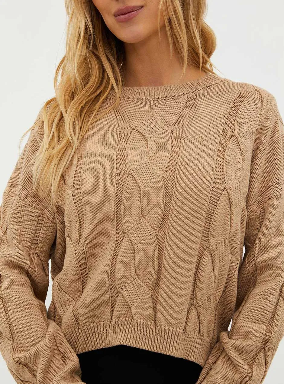 Beach Riot Women's Clarice Cable Knit Cropped Sweater - Sandshell Tan