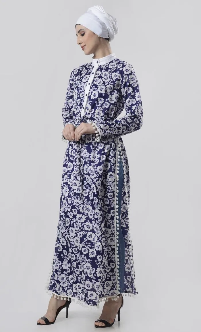 Beautiful Blue Butter Cup Floral Printed Abaya