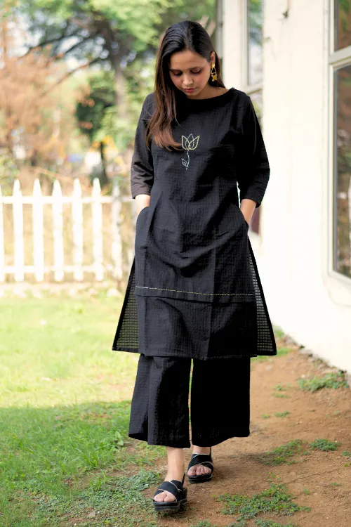 Bebaak Lotus Hand Embroidered & Handwoven Boat Neck Black Kurta Set