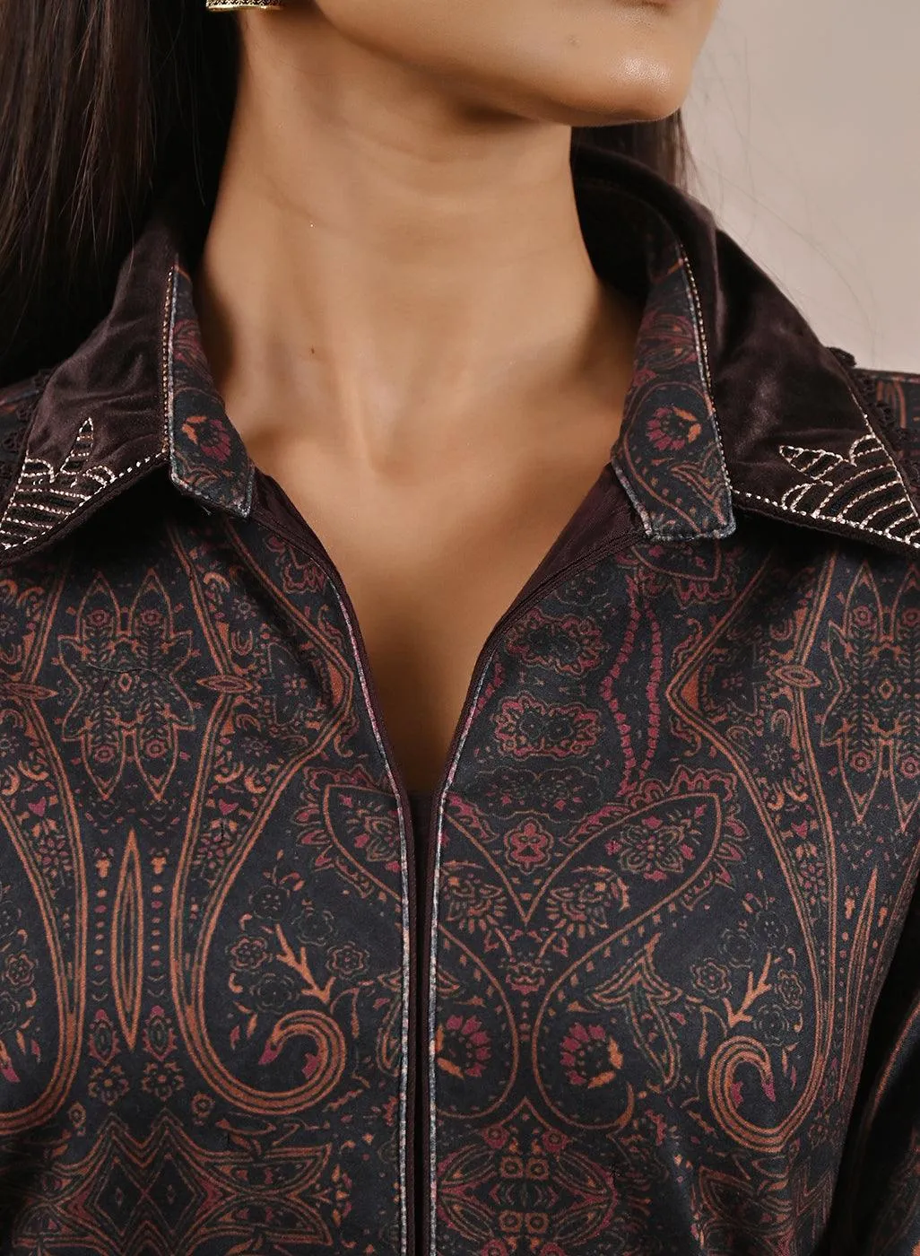 Black Printed Tunic with Embroidery on Collar