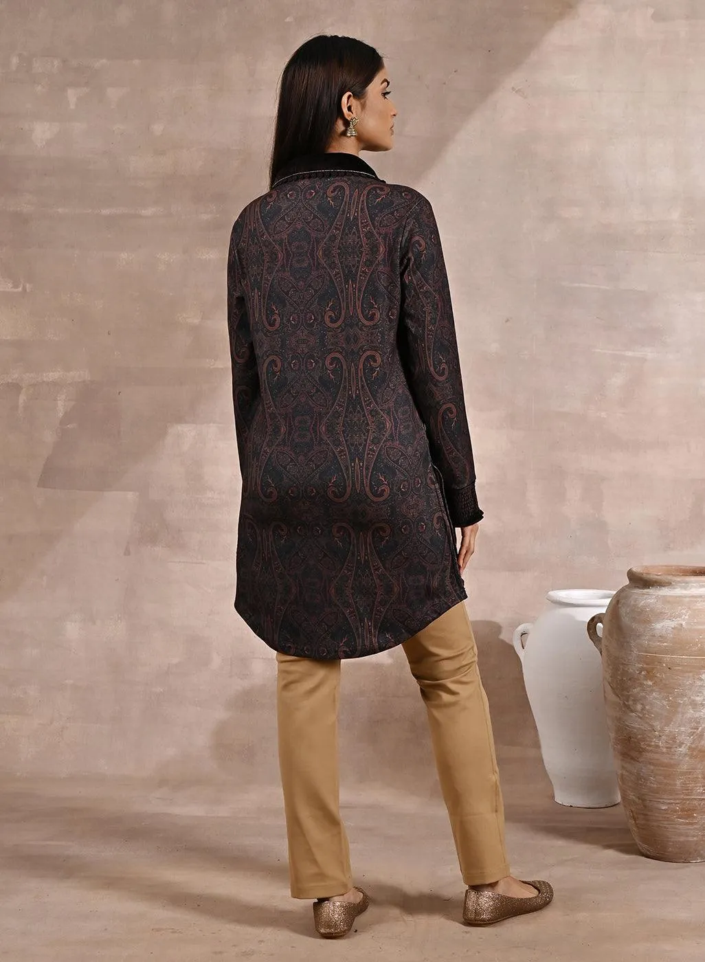 Black Printed Tunic with Embroidery on Collar