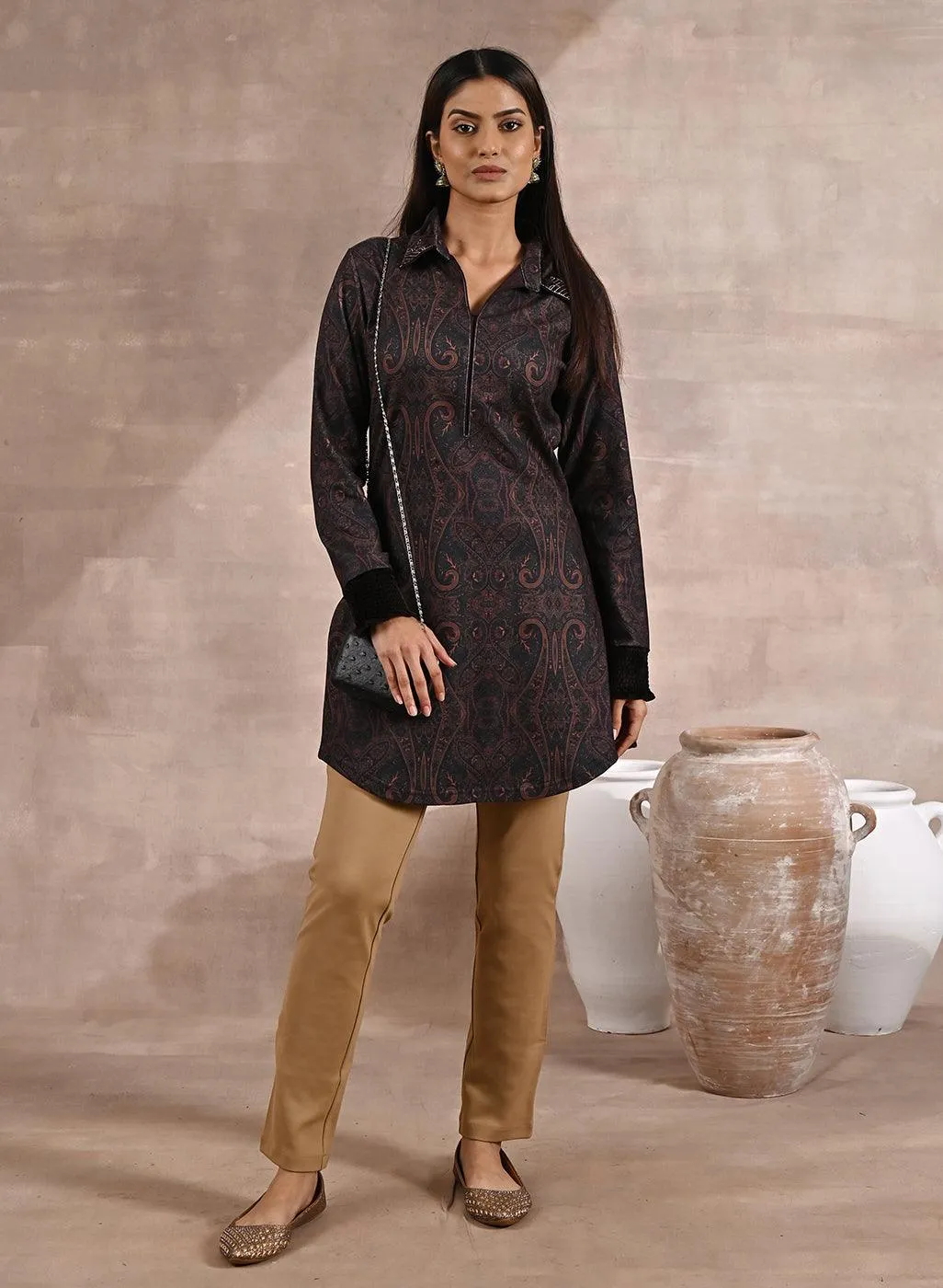 Black Printed Tunic with Embroidery on Collar