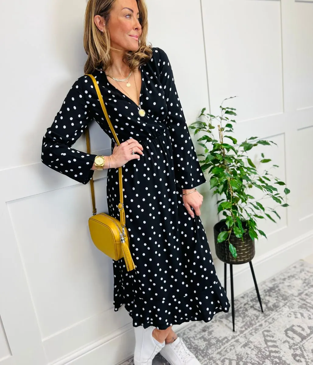 Black Spotted Print Wrap Midi Dress