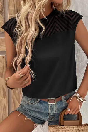 Black Textured Splicing Plain Cap Sleeve Top