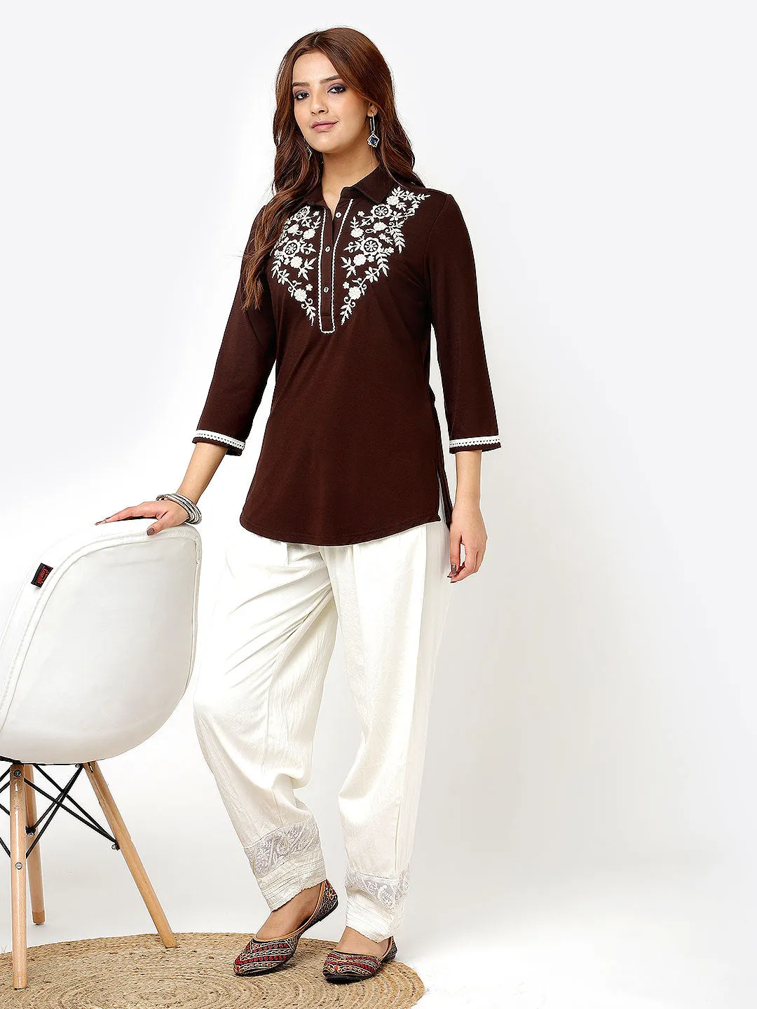 Brown Stretchable Kurti for Women with Threadwork and Lace Work