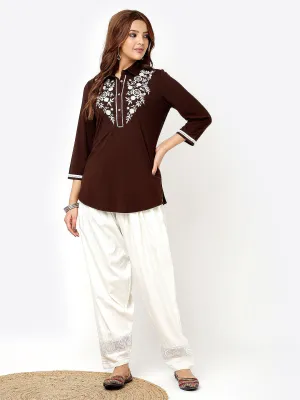 Brown Stretchable Kurti for Women with Threadwork and Lace Work