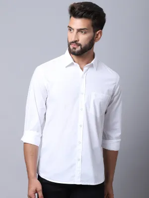 Cantabil Cotton Blend Solid White Full Sleeve Casual Shirt for Men with Pocket