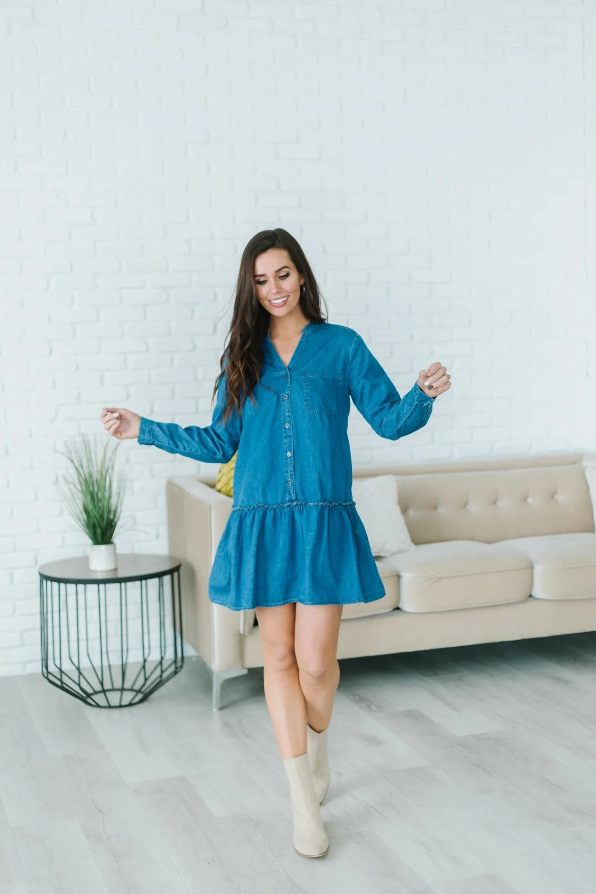 Chambray Ruffle Hem Dress