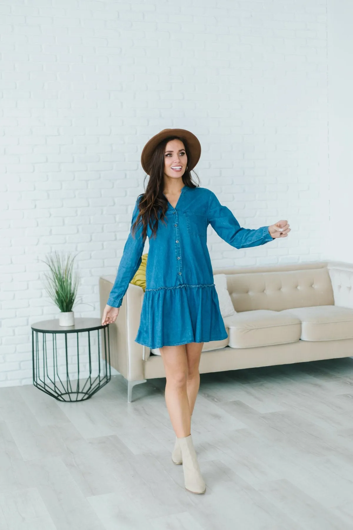 Chambray Ruffle Hem Dress