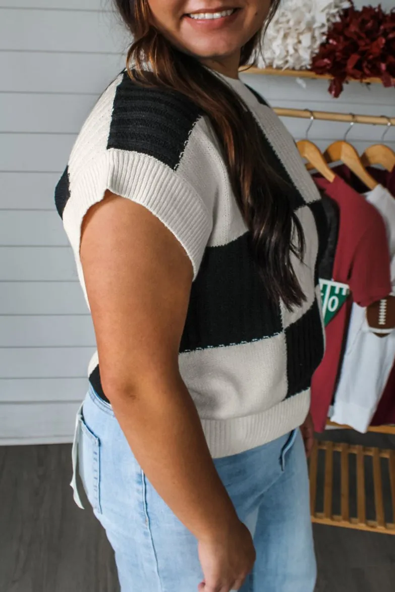 Checker Colorblock Short Sleeve Sweater