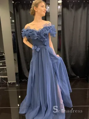 Chic A-line Off-the-shoulder Blue Long Prom Dresses Tulle Evening Gowns MHL2813