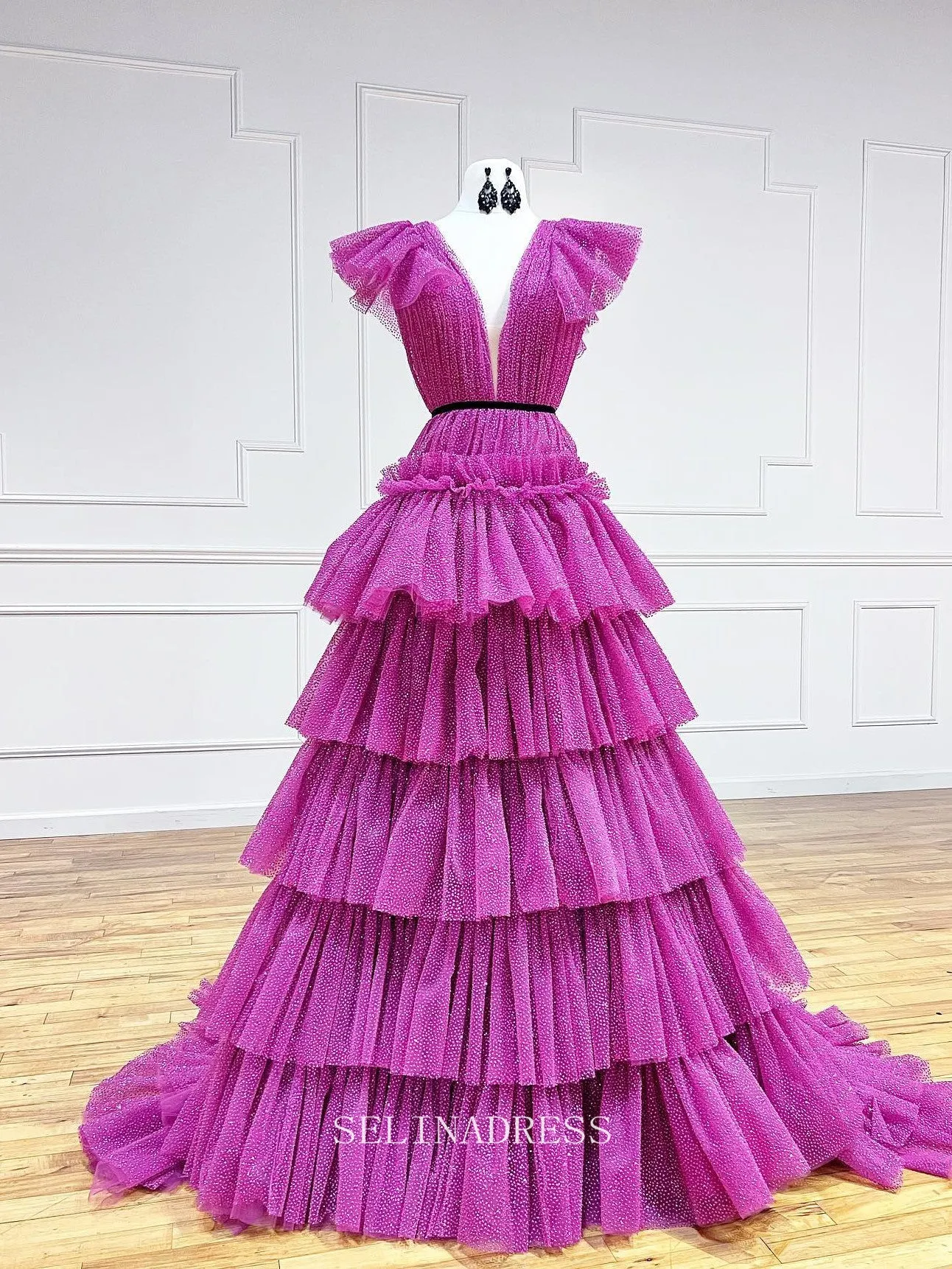 Chic Gorgeous Frill Layered Gown Formal Gown Shiny Long Prom Dress Elegant Evening Dress #LOP601