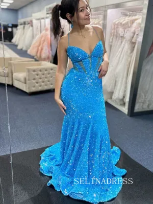 Chic Mermaid Spaghetti Straps Sequins Long Prom Dresses Blue Evening Dress SEW0160