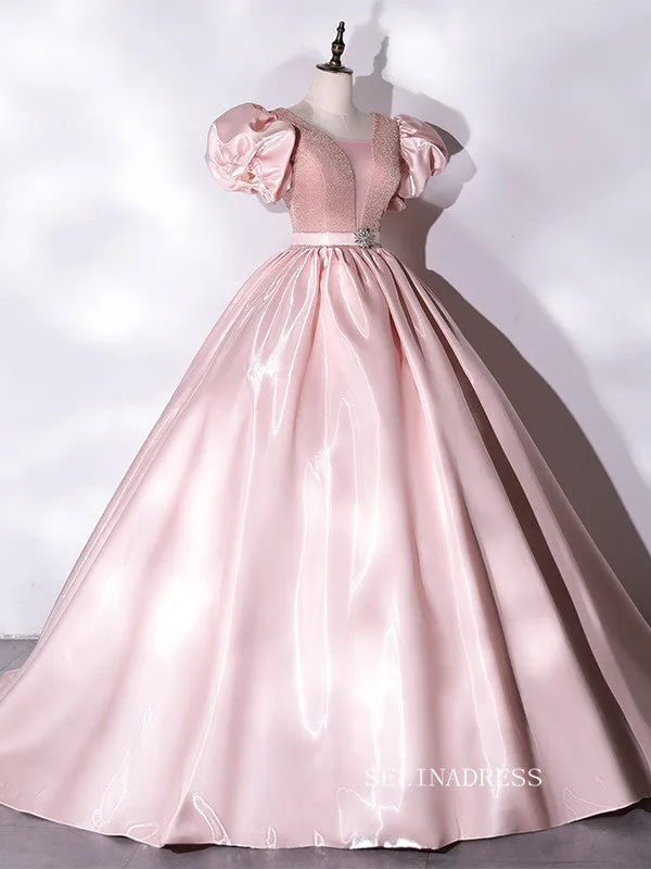 Chic Puff Sleeve Pink Prom Dress Cute Princess Dress Evening Dress #QWE049