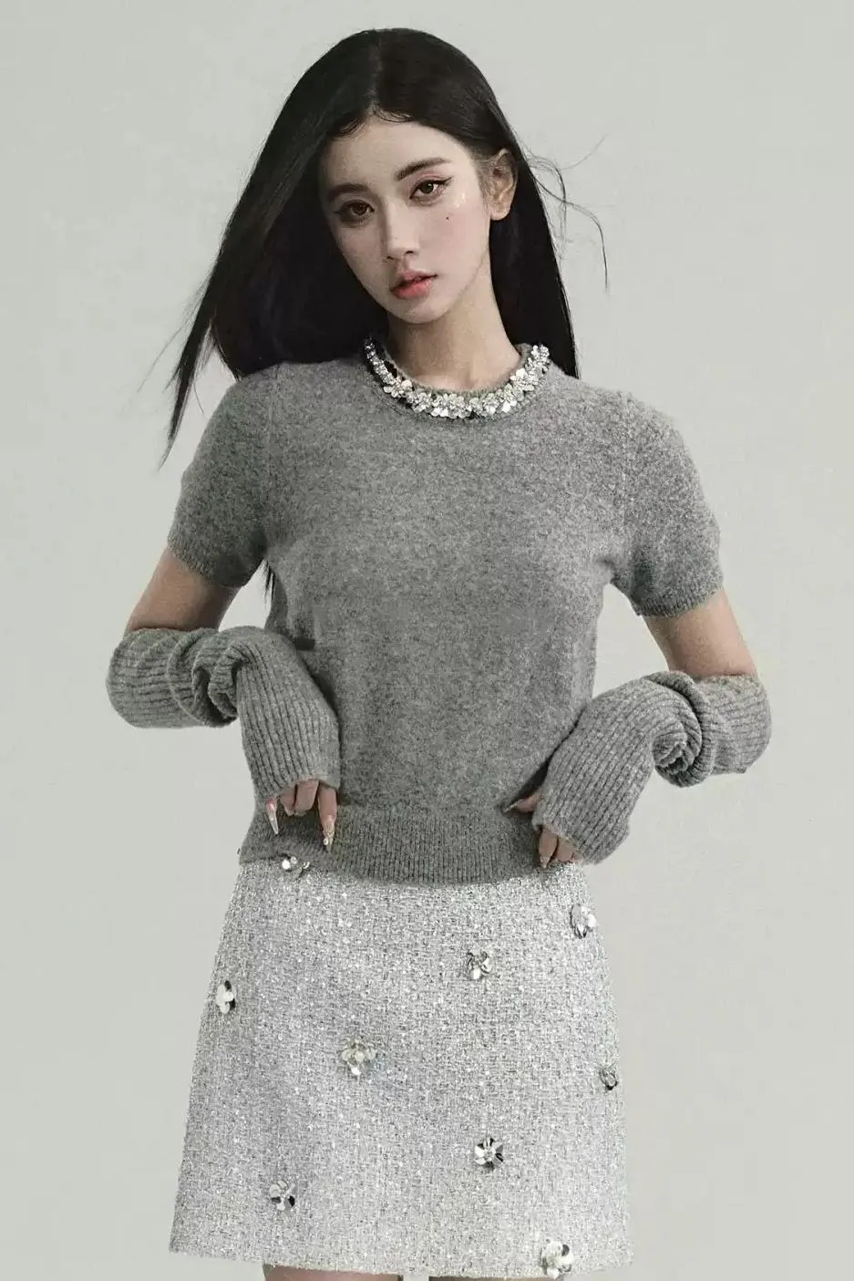 Elegant Layered Look: Pearl-Trimmed Cropped Sweater with Detachable Arm Warmers