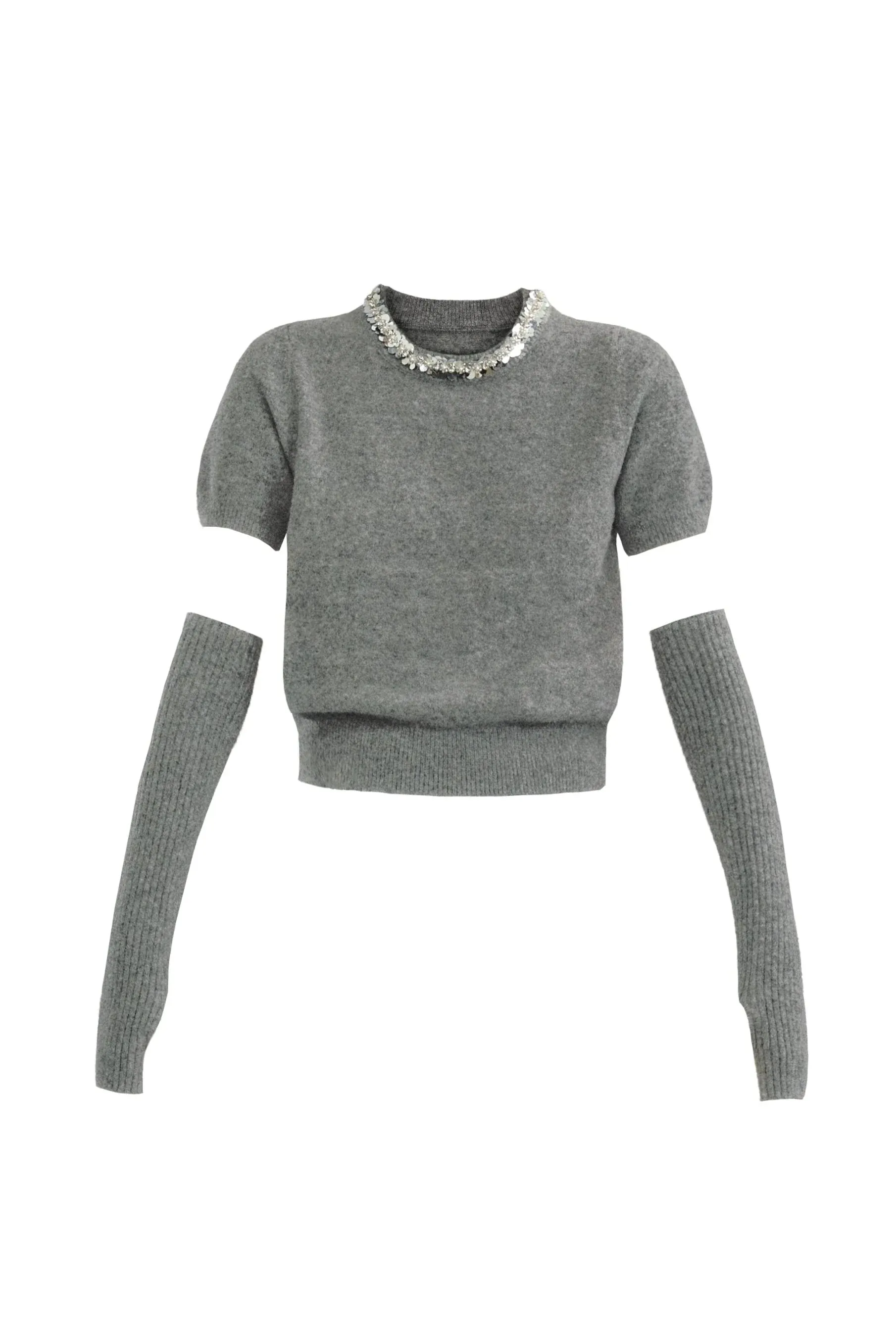 Elegant Layered Look: Pearl-Trimmed Cropped Sweater with Detachable Arm Warmers