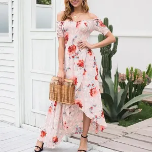 Elegant Off Shoulder Floral Print Summer Asymmetric Dress