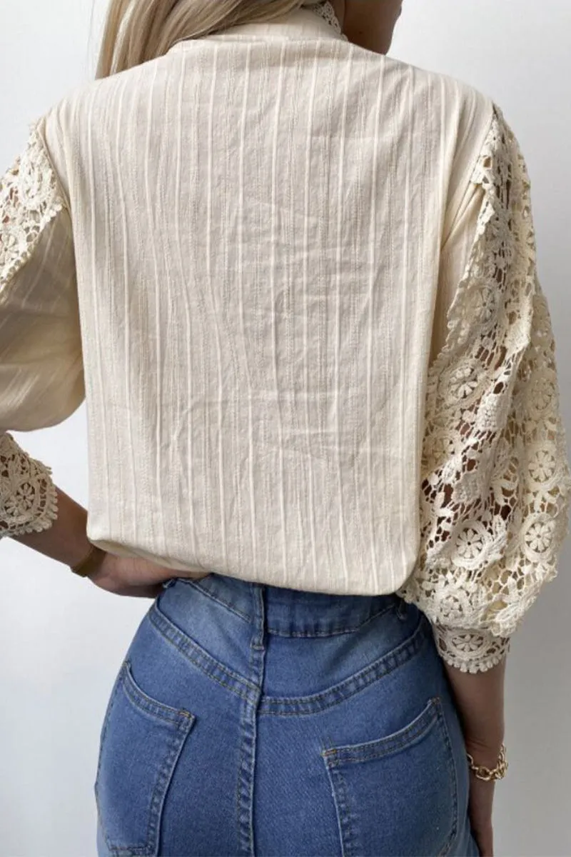 Elegant Solid Lace Mandarin Collar Tops