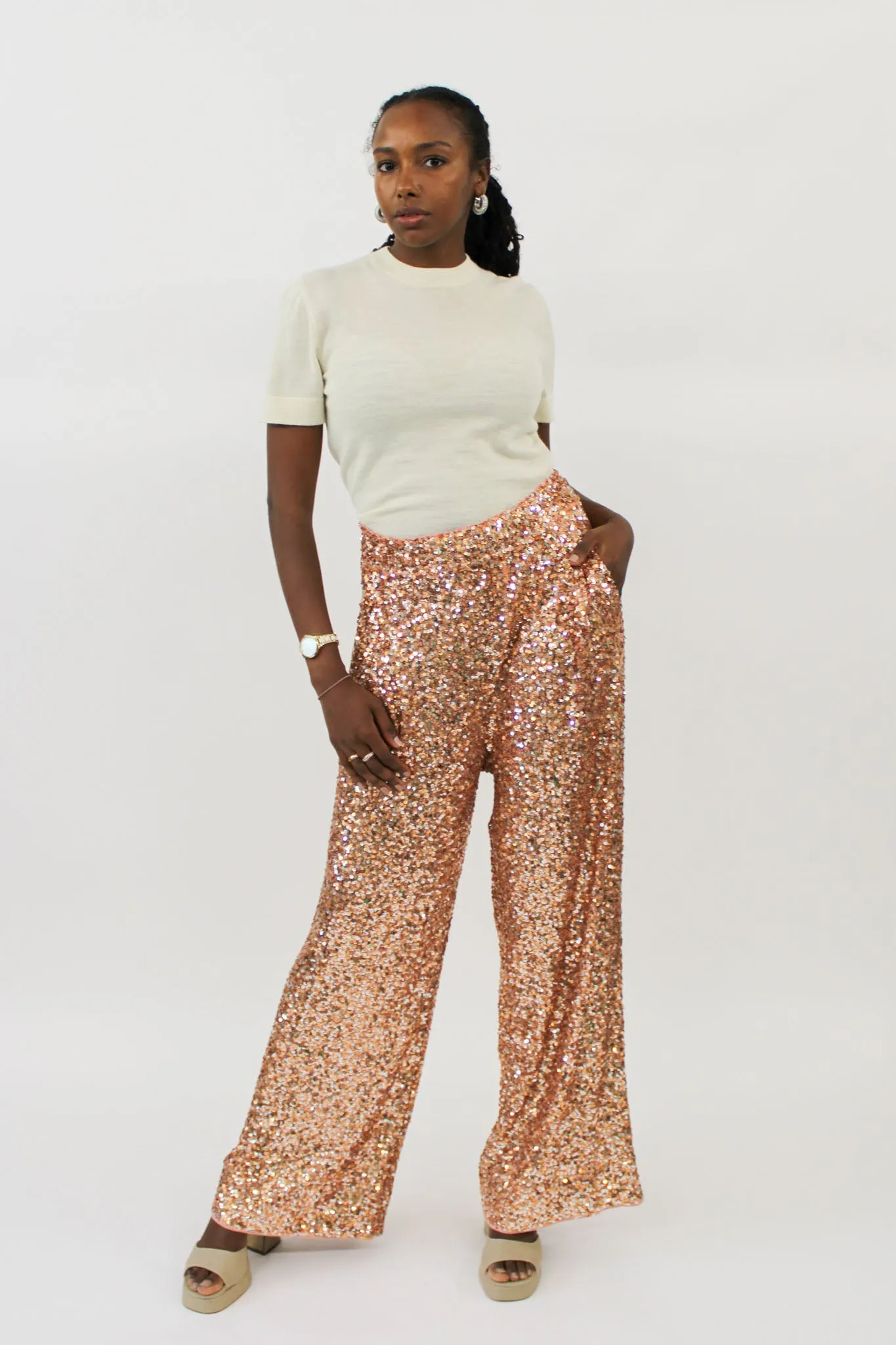 Essentiel Antwerp - Entry Sequin-Embellished Wide Leg Pants: Tiger Blossom