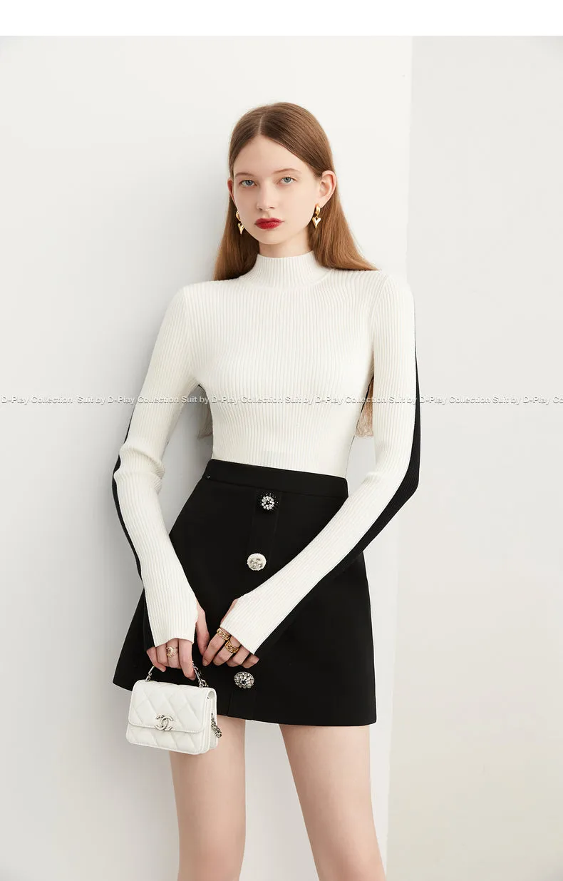 Fall Autumn Black White Color-block High Neck Pullover Sweater -Sposo