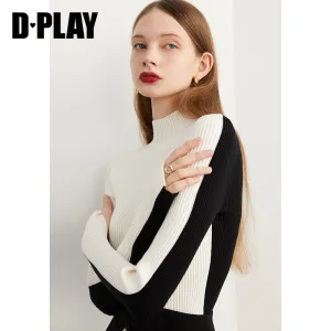 Fall Autumn Black White Color-block High Neck Pullover Sweater -Sposo