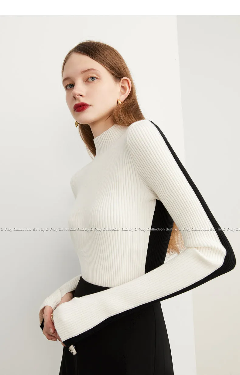 Fall Autumn Black White Color-block High Neck Pullover Sweater -Sposo