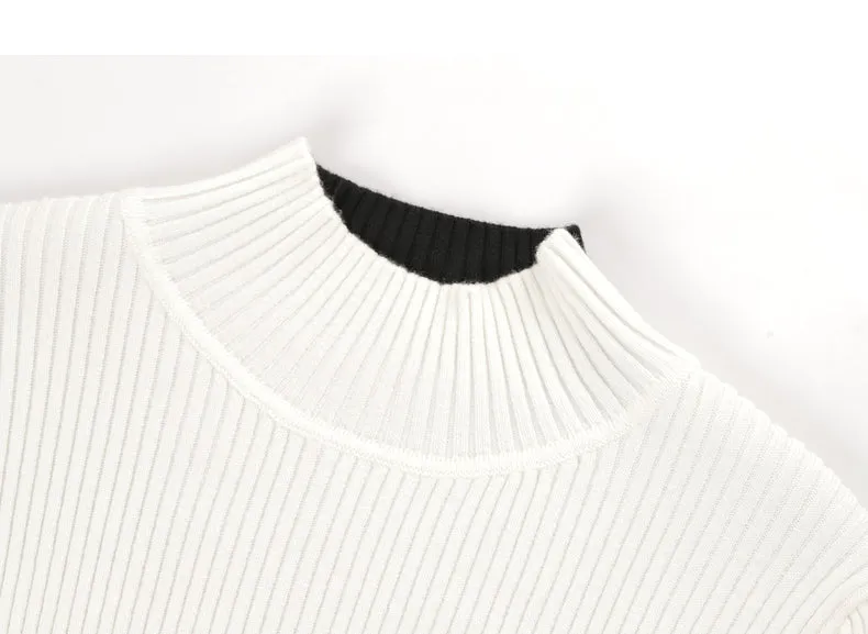 Fall Autumn Black White Color-block High Neck Pullover Sweater -Sposo