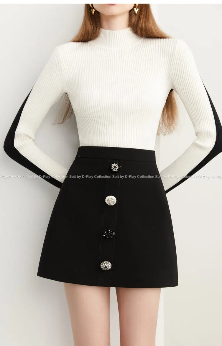 Fall Autumn Black White Color-block High Neck Pullover Sweater -Sposo