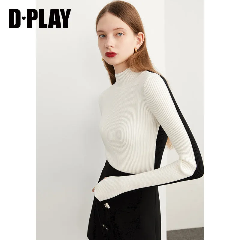 Fall Autumn Black White Color-block High Neck Pullover Sweater -Sposo