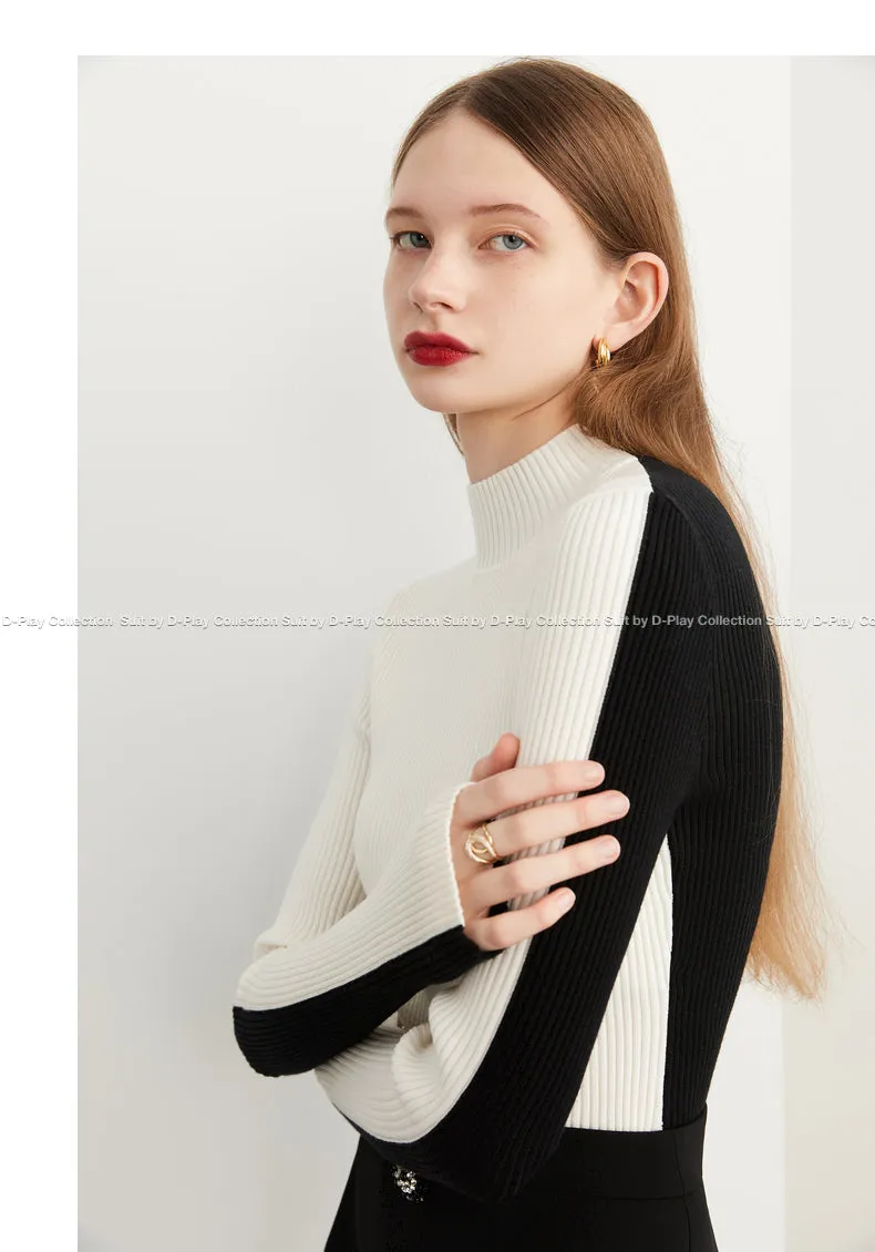 Fall Autumn Black White Color-block High Neck Pullover Sweater -Sposo