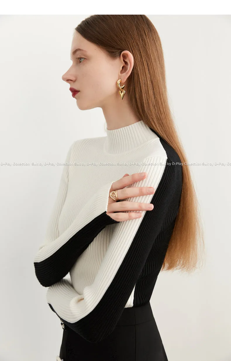 Fall Autumn Black White Color-block High Neck Pullover Sweater -Sposo