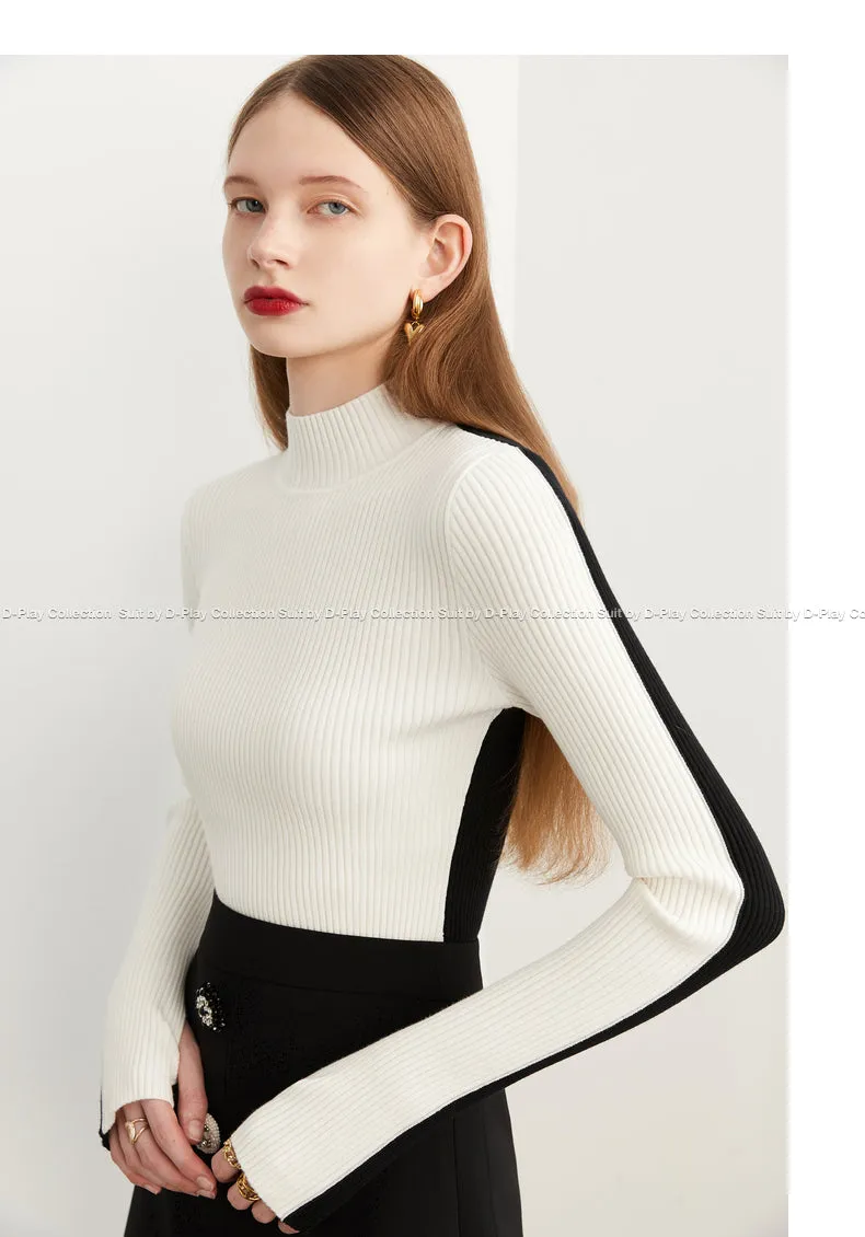 Fall Autumn Black White Color-block High Neck Pullover Sweater -Sposo