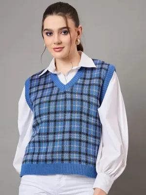 Fashionable Blue  Plaid Sweater