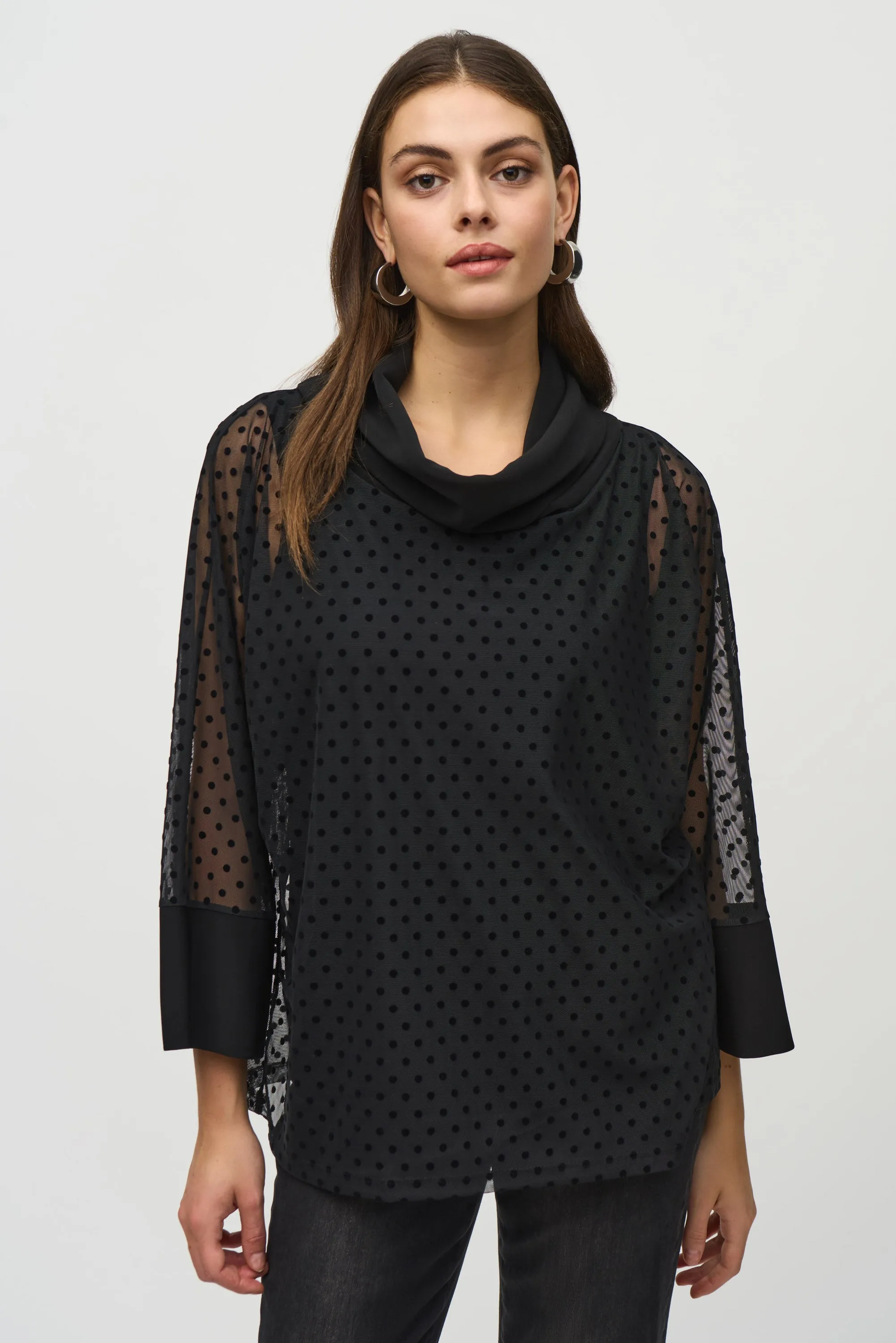 Joseph Ribkoff Dot Mesh and Silky Knit Layered Tunic in Black