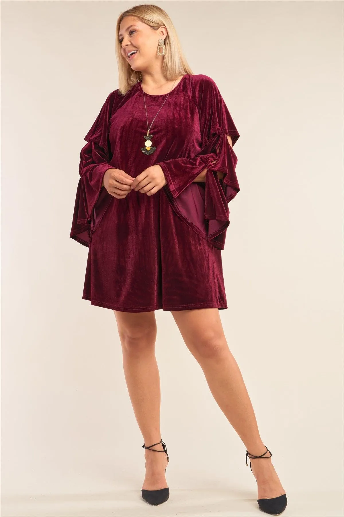 Junior Plus Size Lady Macbeth Wine Red Velvet Relaxed Fit Cut-Out Detail Layered Long Sleeve Mini Dress /3-2-1