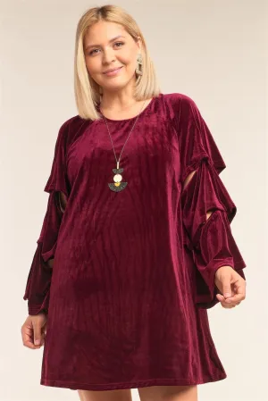 Junior Plus Size Lady Macbeth Wine Red Velvet Relaxed Fit Cut-Out Detail Layered Long Sleeve Mini Dress /3-2-1