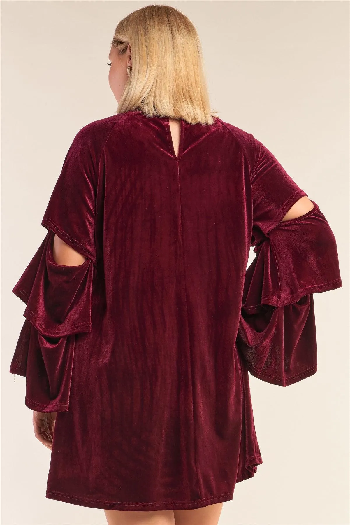 Junior Plus Size Lady Macbeth Wine Red Velvet Relaxed Fit Cut-Out Detail Layered Long Sleeve Mini Dress /3-2-1