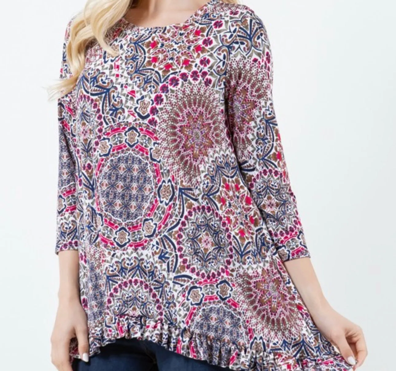 Kate Medallion Hi Low Mixed Up Print Tunic Top