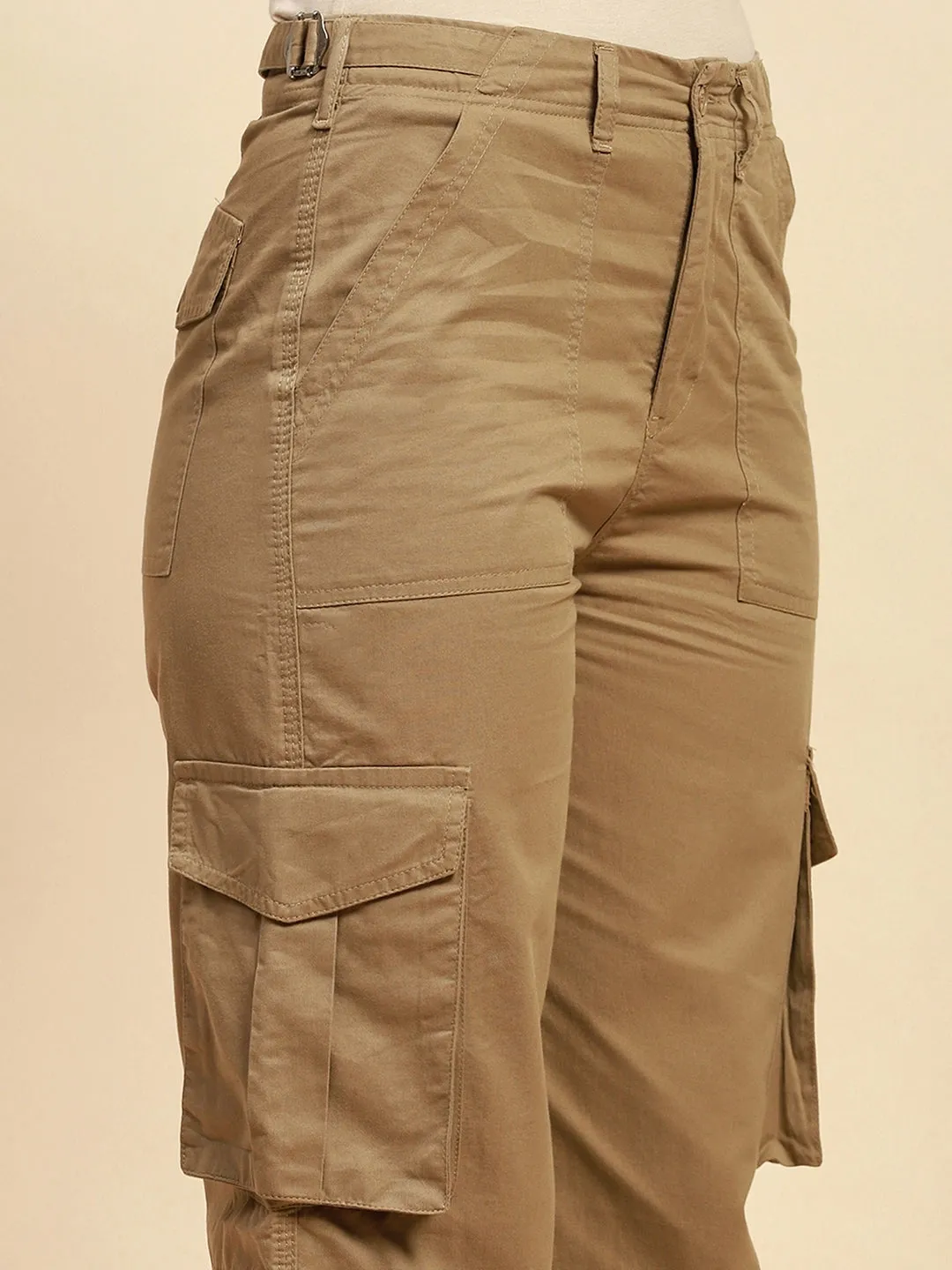 Khaki Cotton Straight Relaxed Fit Cargo