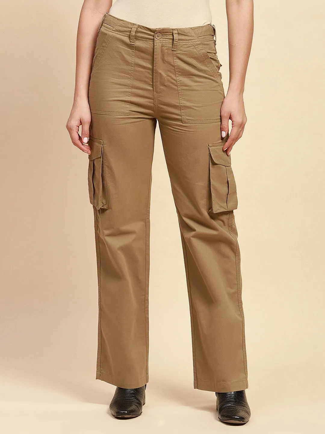 Khaki Cotton Straight Relaxed Fit Cargo