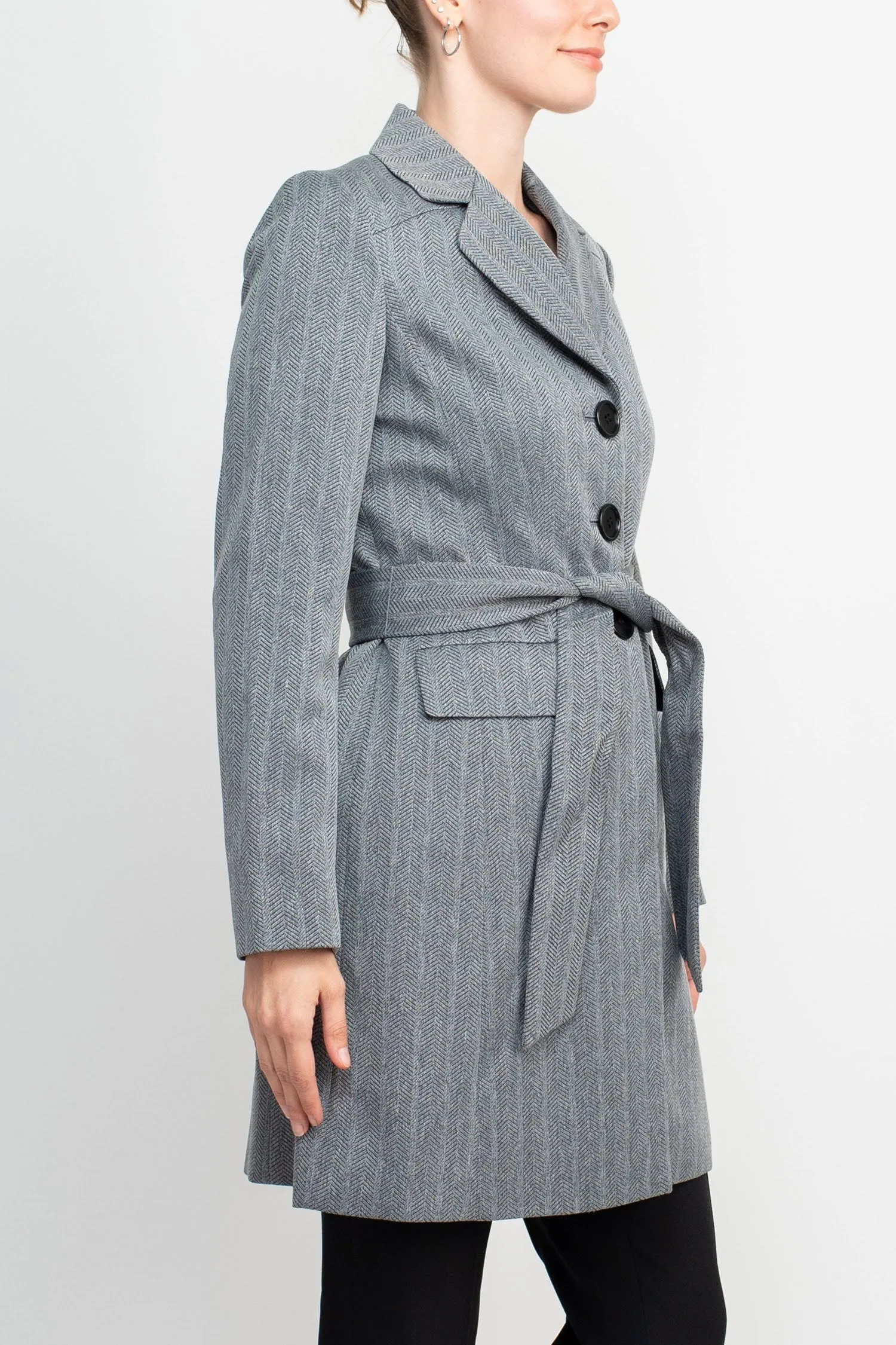 Le Suit Notched Collar 3 Button Tie Waist Flap Pockets Jacket with Button Hook Zipper Closure Pockets Crepe Pants Suit (Two Piece Set)