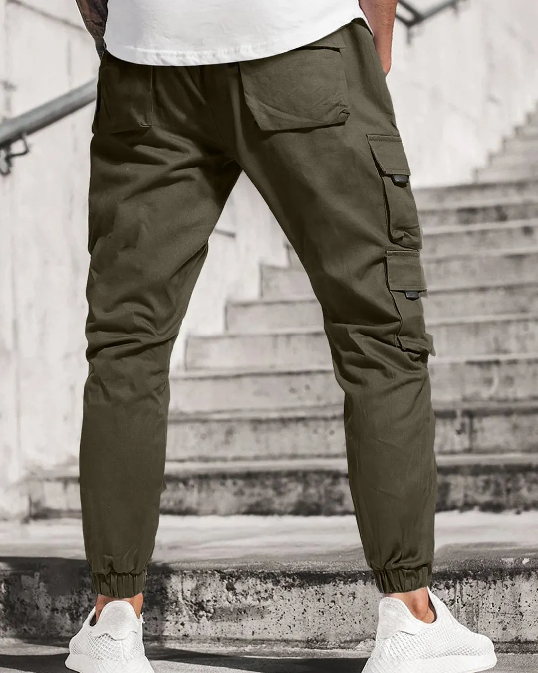 Men's Streetwear Multi-Pocket Drawstring Beam Feet Olive Green Cargo Pants