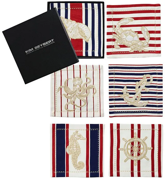 Nautical Motif Embroidered Cocktail Napkin Set