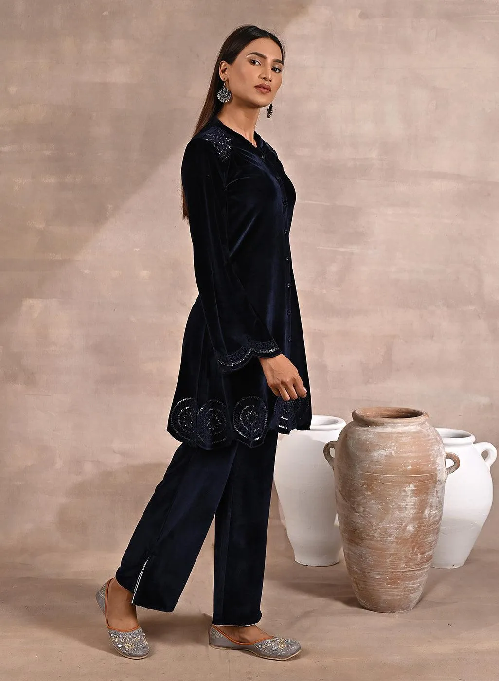 Navy Blue Velvet Tunic with Cut Work & Hand Embroidery