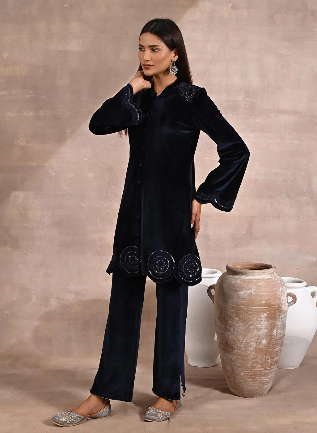 Navy Blue Velvet Tunic with Cut Work & Hand Embroidery