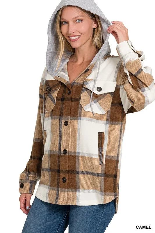 Plaid Drawstring Hooded Fleece Shacket [Online Exclusive]