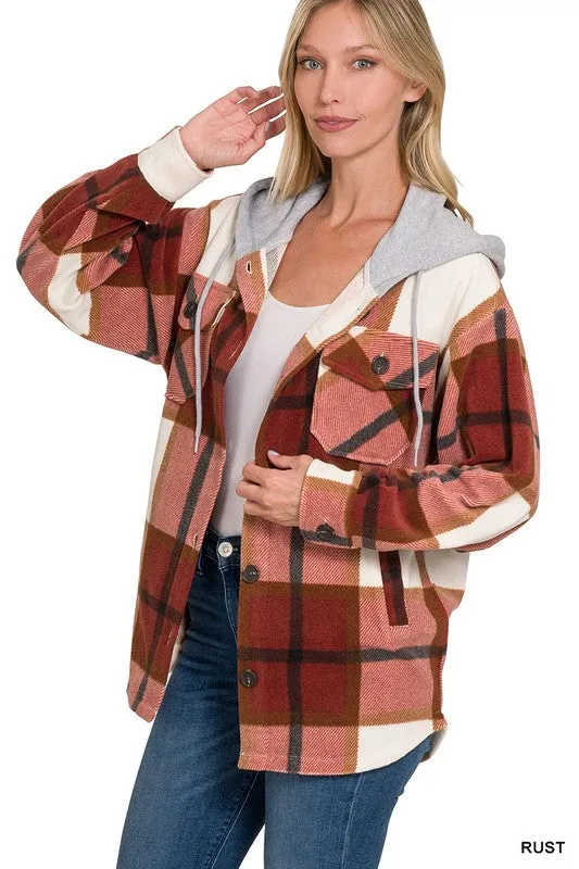 Plaid Drawstring Hooded Fleece Shacket [Online Exclusive]