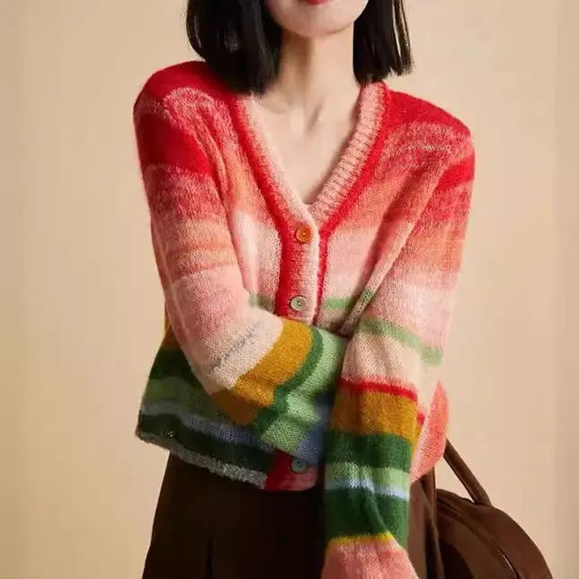 Rainbow Striped Sweater Women's V-neck Top