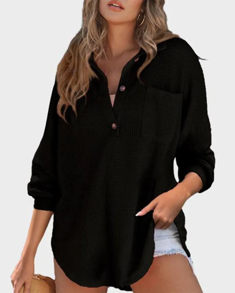 Relaxed Fit Long Sleeve Waffle Knit Button-Up Shirt