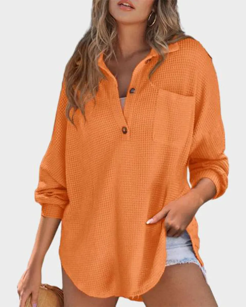 Relaxed Fit Long Sleeve Waffle Knit Button-Up Shirt